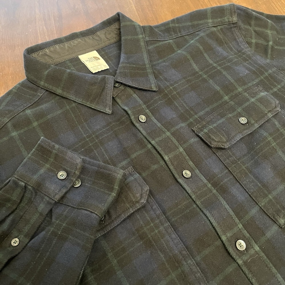 The North Face Twill Heavy Flannel Shirt Mens XXL Blue Green Plaid Button Up